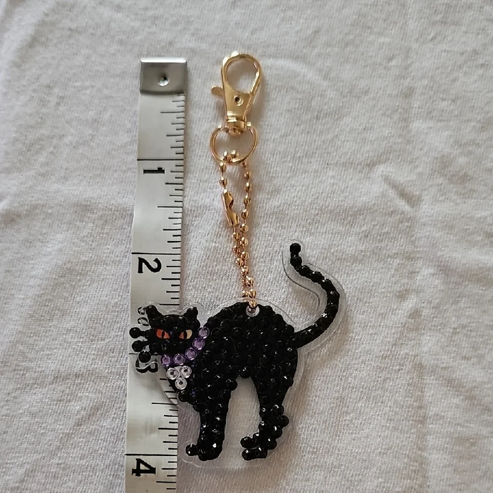 Rhinestone Black Cat Keychain with Gold Clip